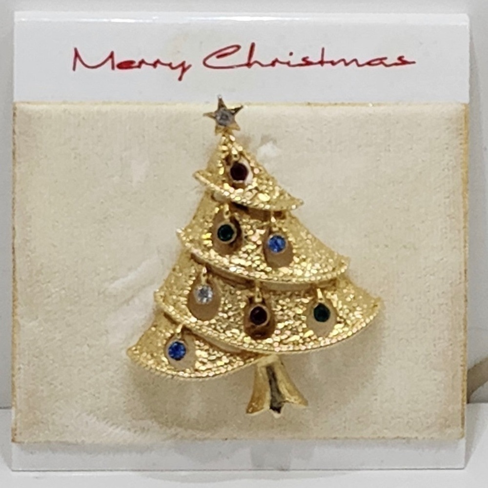 Vintage Christmas tree brooch Rhinestones gold tone marked jj - Picture 1 of 1